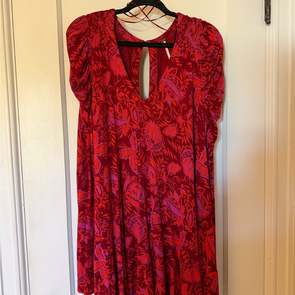 Free People Red Floral Mini Dress with Pink Accents
